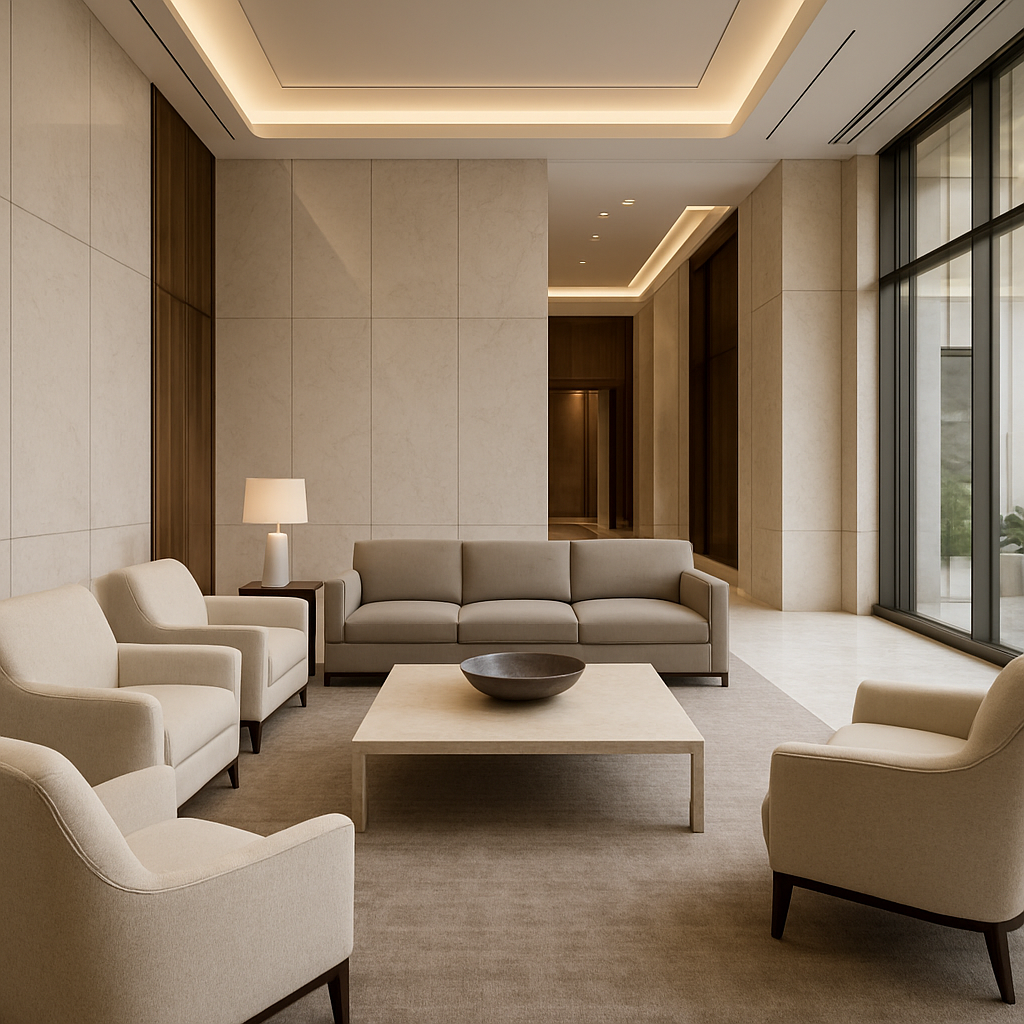 Lobby e área comum de condomínio residencial de luxo com estofados elegantes