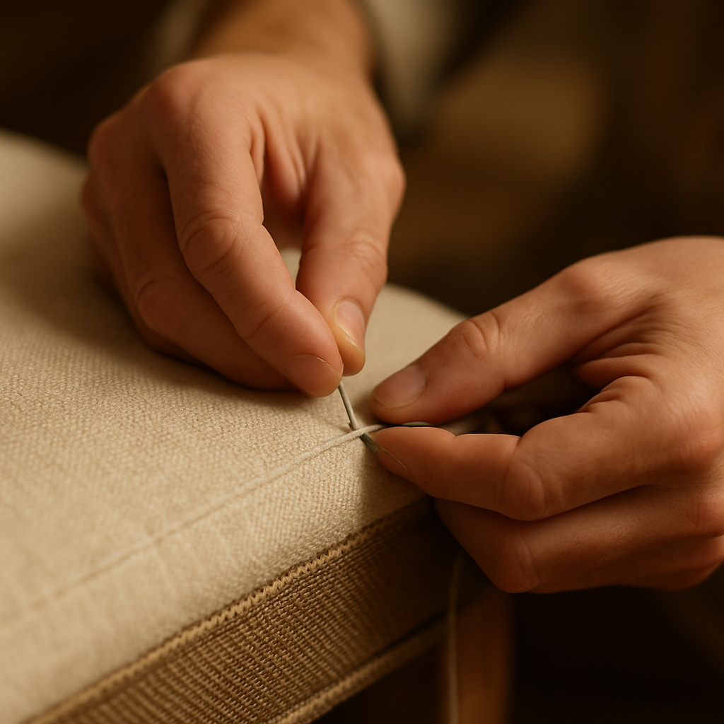 Mãos de artesã trabalhando tecido de estofado premium com agulha e linha